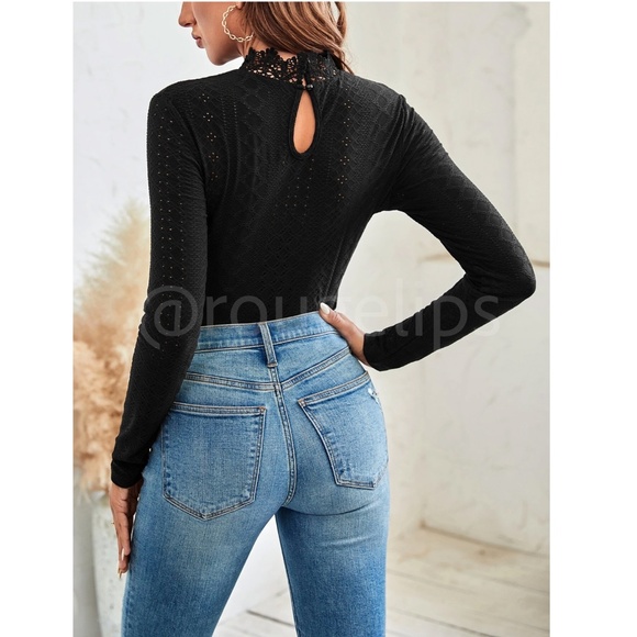 Black Lace Guipure Mock Neck Long Sleeve Tee Shirt - Picture 7 of 10